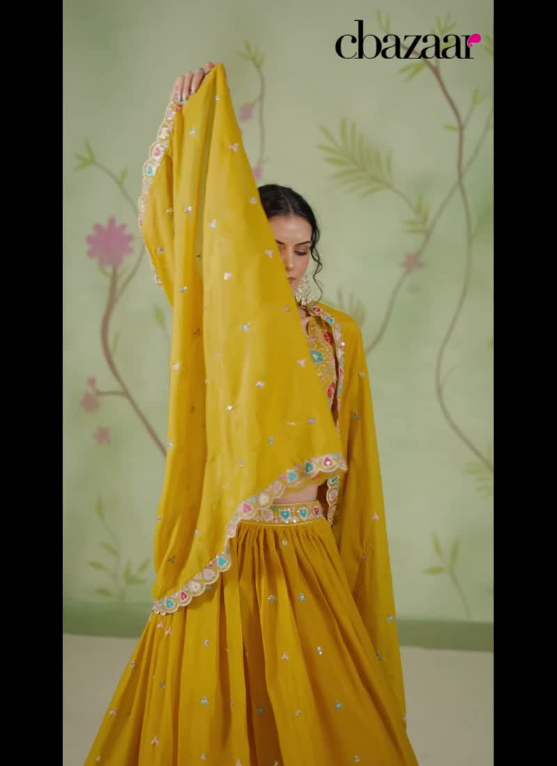 Mustard Silk Embroidered Sequins Lehenga Wedding Wear