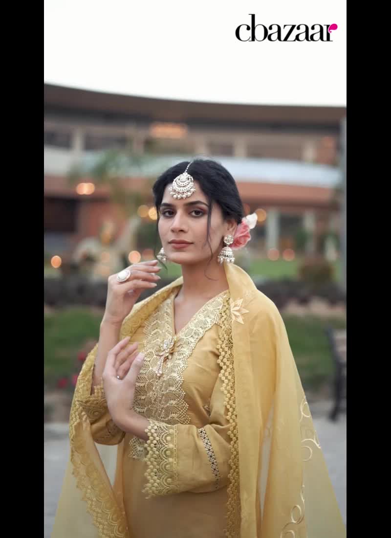 Mustard Viscose Silk Schiffli Sequins And Beads Work Palazzo Suit Festive Wear
