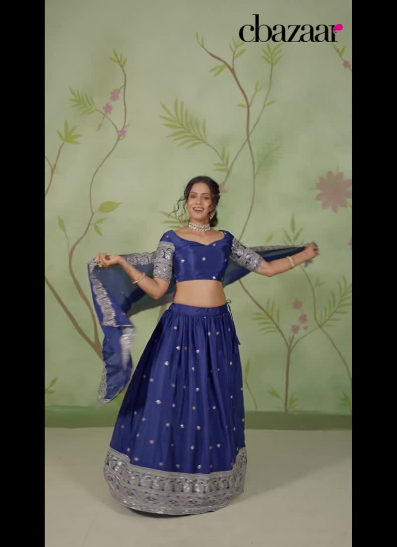 Navy Blue Chinon Zari Embroidered Sequins Lehenga Wedding Wear