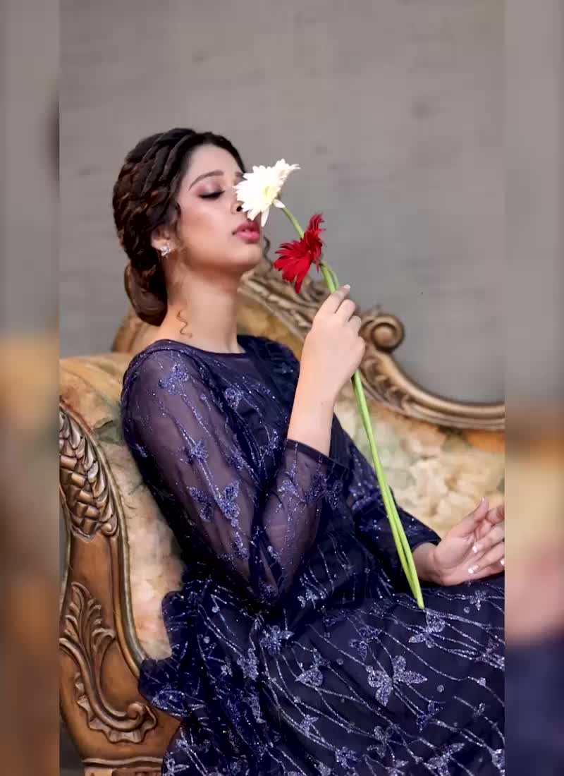Navy Blue Embroidered Floor Length Gown Party Wear