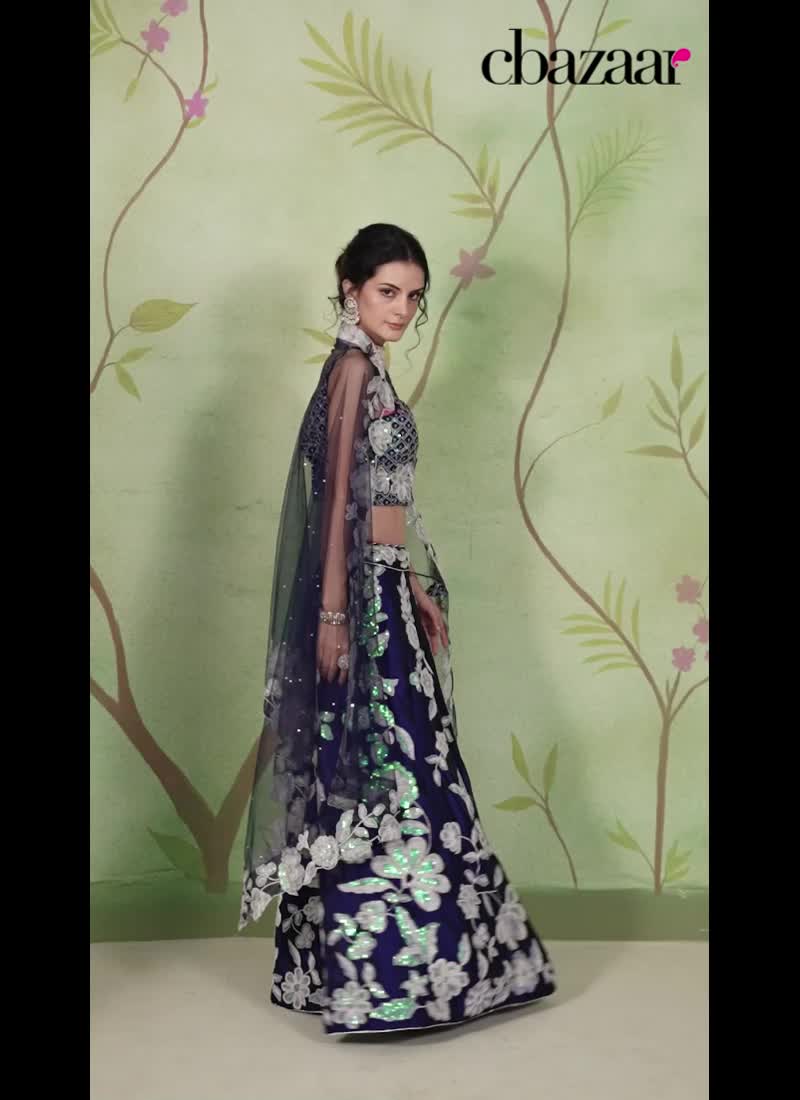 Navy Blue Faux Georgette Embroidered Sequins Lehenga Wedding Wear