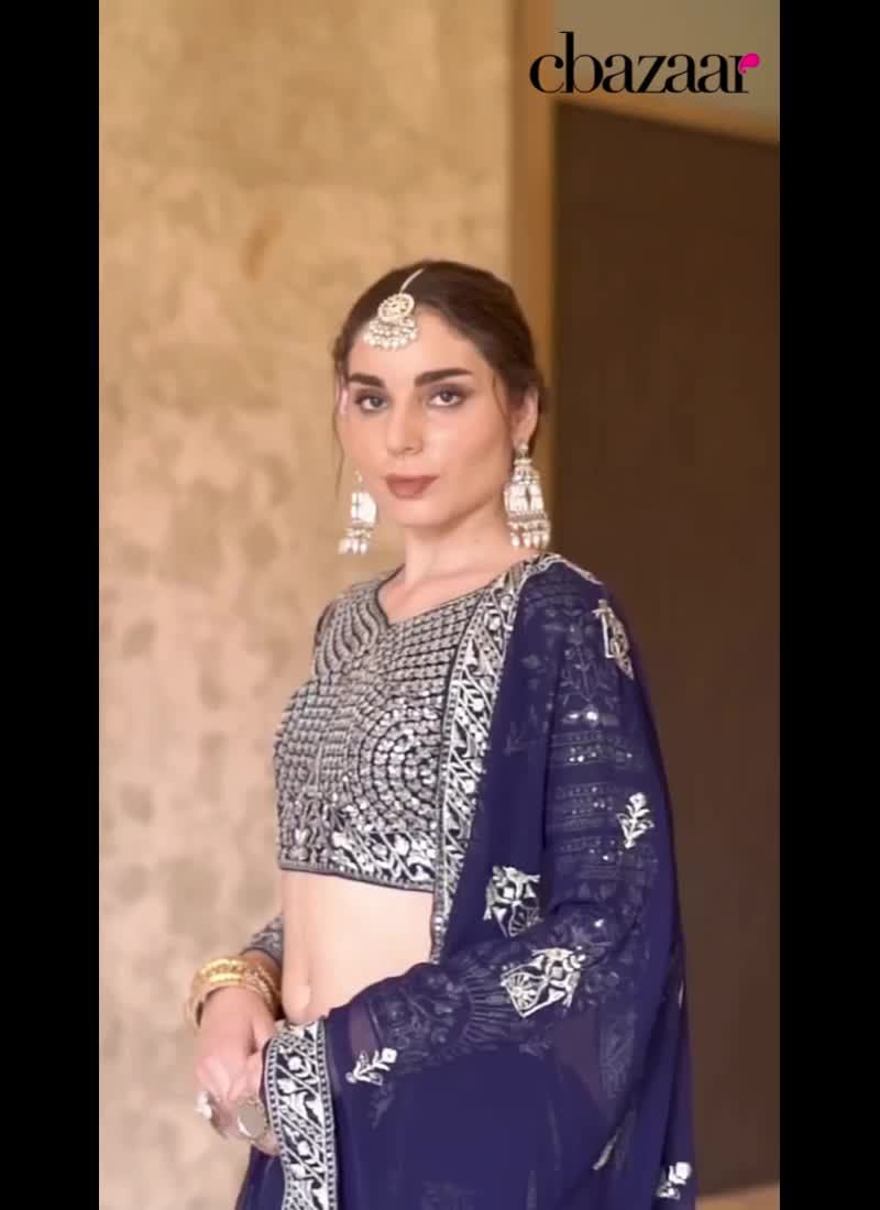 Navy Blue Faux Georgette Zari Embroidered Sequins Lehenga Wedding Wear