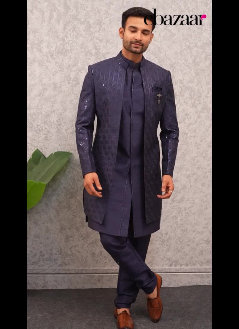 Navy Blue Silk Embroidered Sequins Indowestern Sherwani Wedding Wear