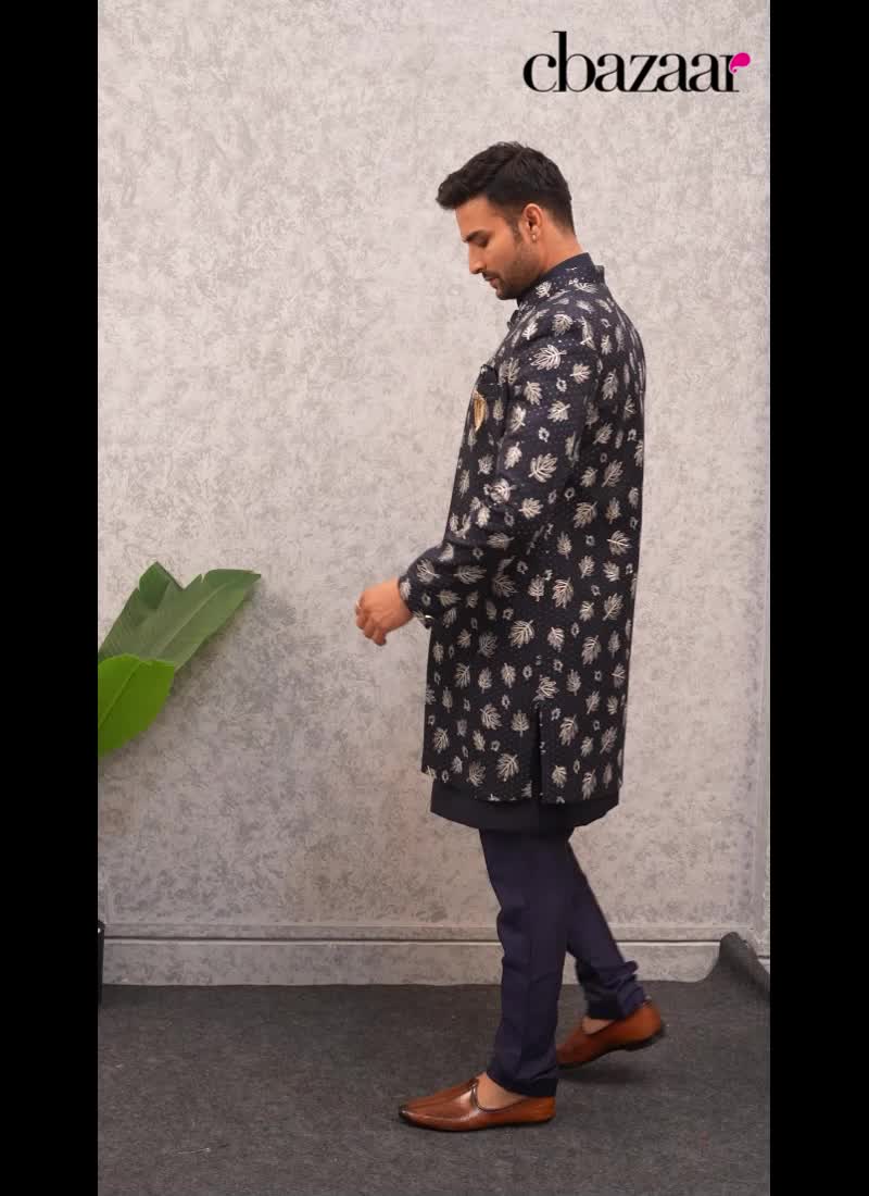 Navy Blue Silk Embroidered Sequins Indowestern Sherwani Wedding Wear