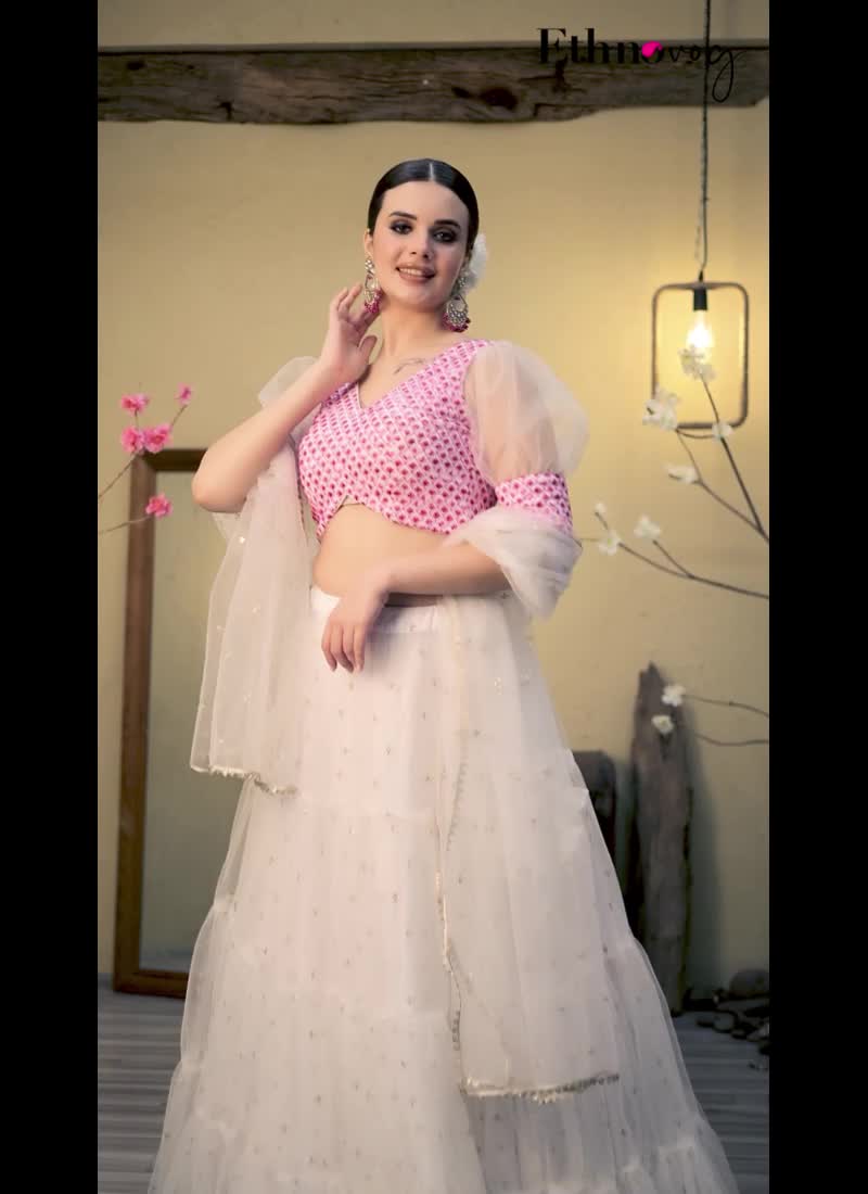 Off White Embroidered Georgette N Net Lehenga Set Festive Wear