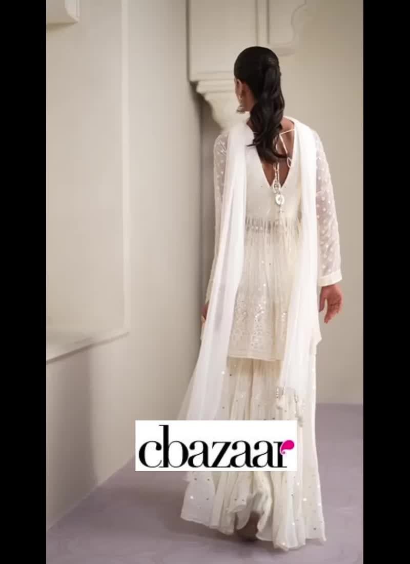 Off White Faux Georgette Embroidered With Beads Palazzo suit Party Wear