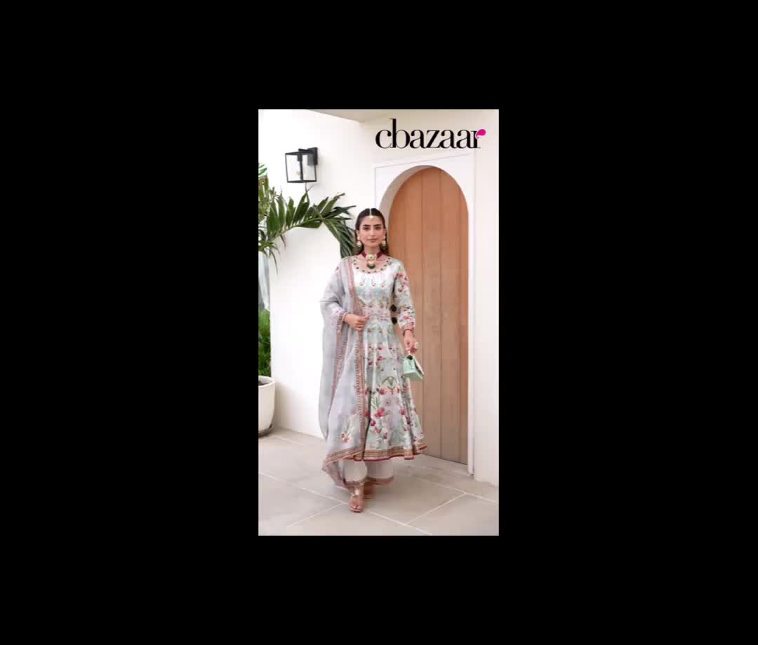 Off White Jam Silk Digital Foil Print Anarkali Suit Festive Wear