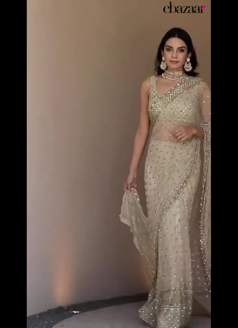 Off White Net Embroidered Saree Party Wear