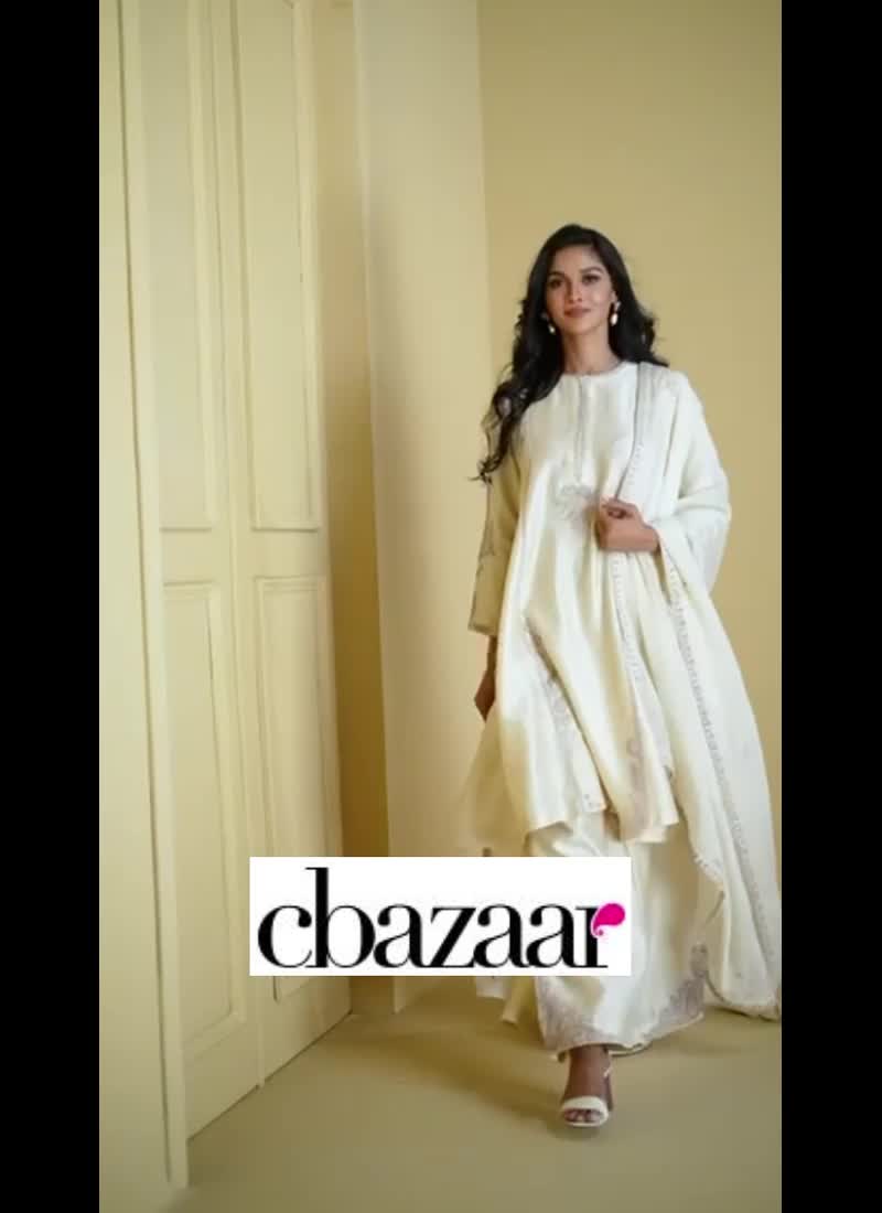 Off White Silk Embroidered Beads Embossed Classy Palazzo Suit Festive Wear
