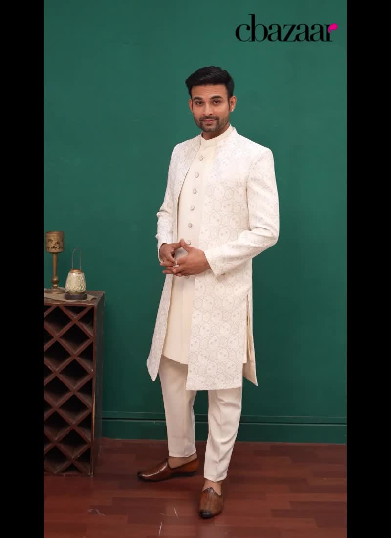Off White Silk Embroidered Sequins Indowestern Sherwani Wedding Wear