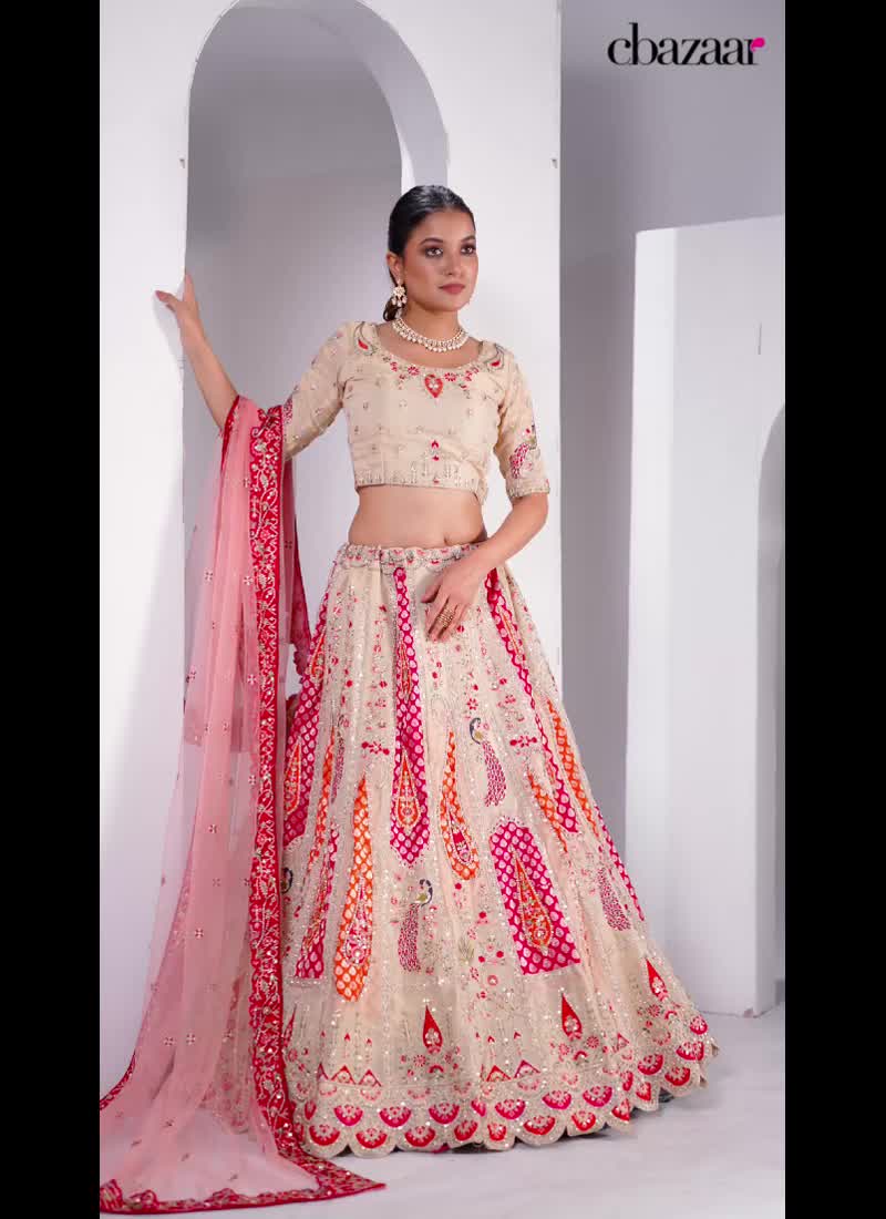 Off White Silk Zari Wedding A Line Lehenga Embossed With Embroidery And Sequins Wedding Wear