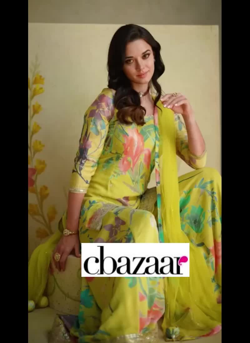 Olive Green Chinon Floral Digital Print Sequins Palazzo Suit For Stylish Party Wear