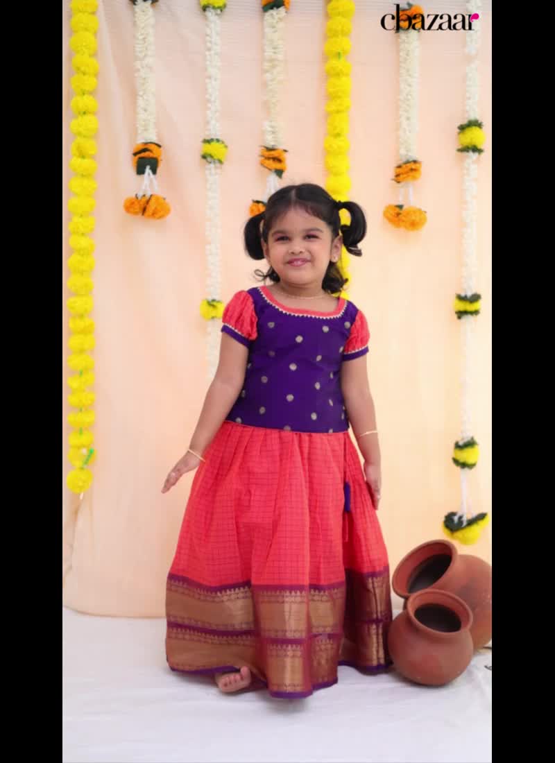 Orange Blended Cotton Handloom Kids Girls With Round Neck And Half Sleeve Party Wear