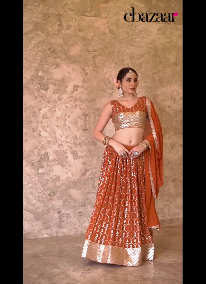Orange Faux Georgette Zari Embroidered Sequins Classy Lehenga Wedding Wear