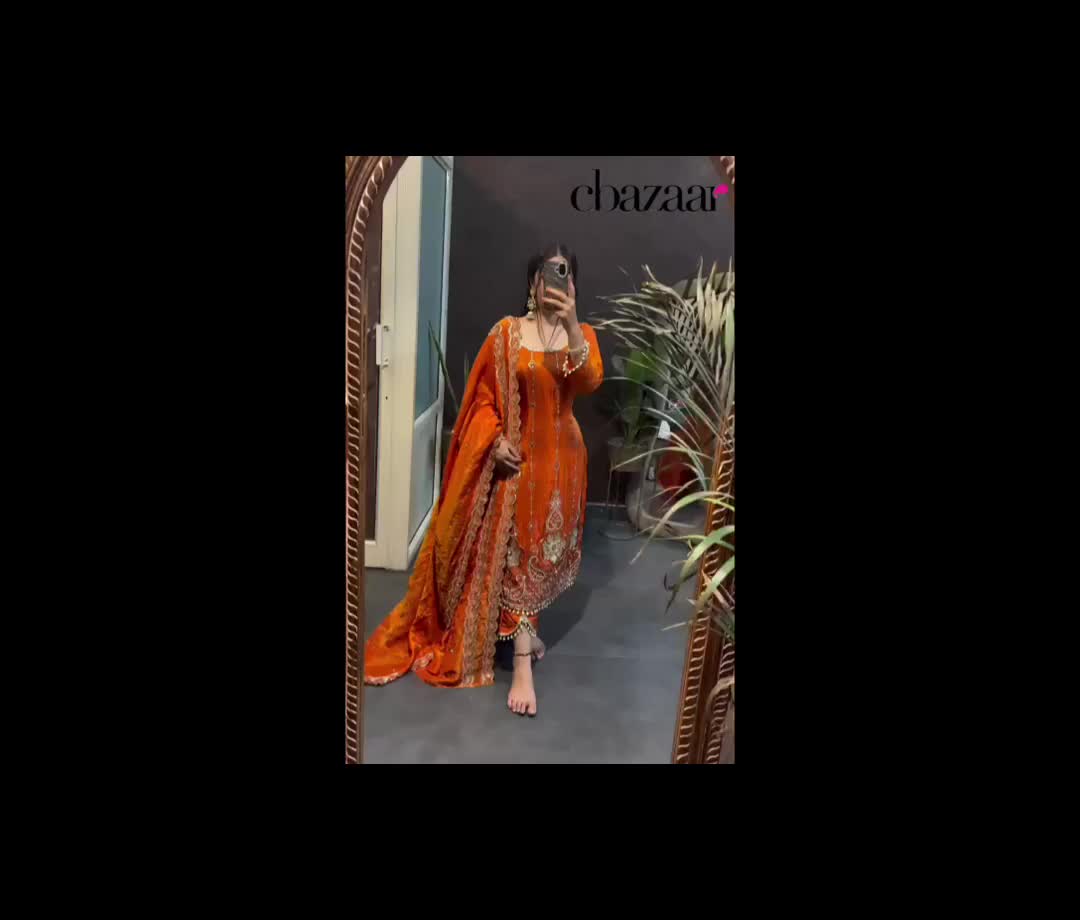 Orange Fendy Silk Sequin Straight Pant Suit Festive Wear