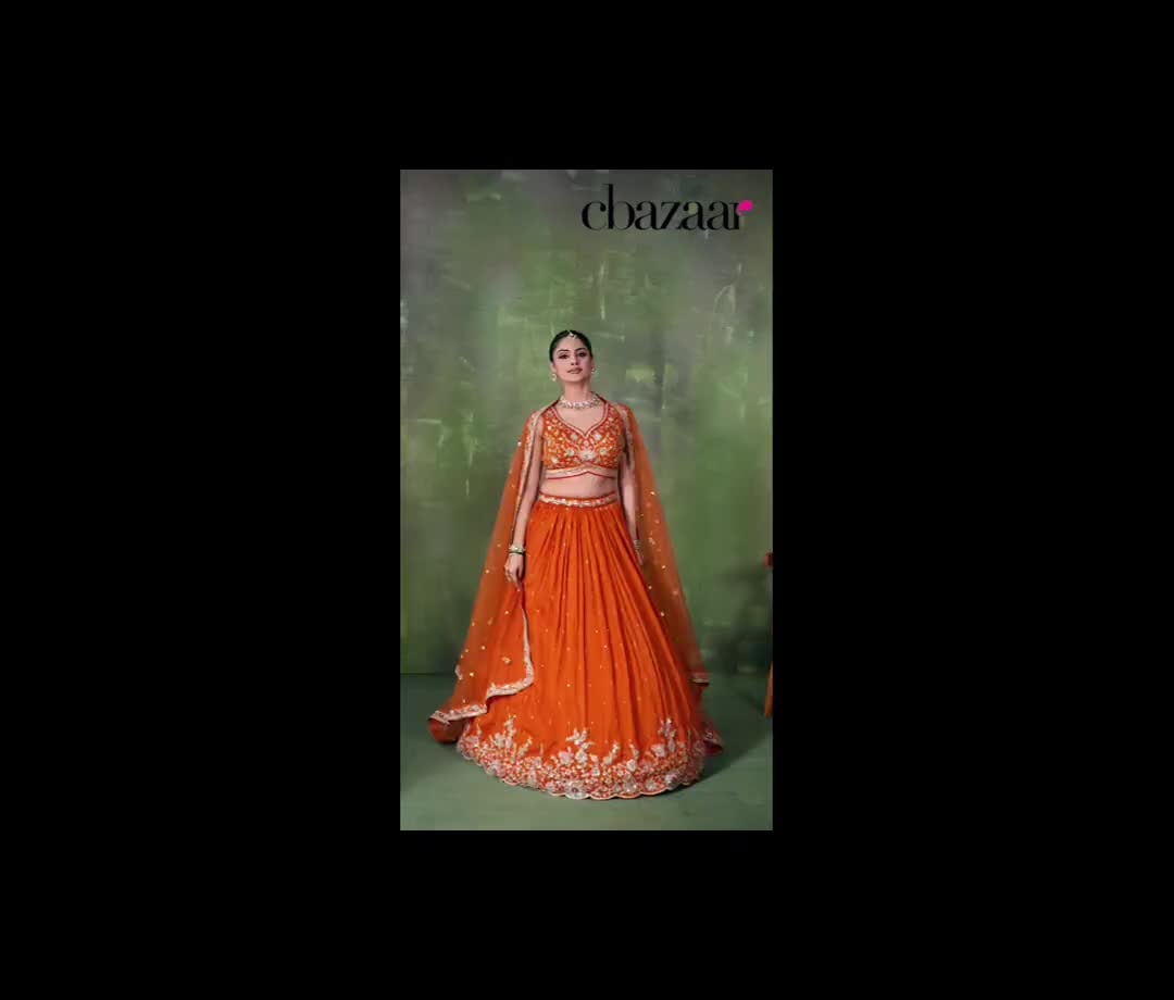 Orange Georgette Embroidered Sequins And Beads Work Lehenga Wedding Wear