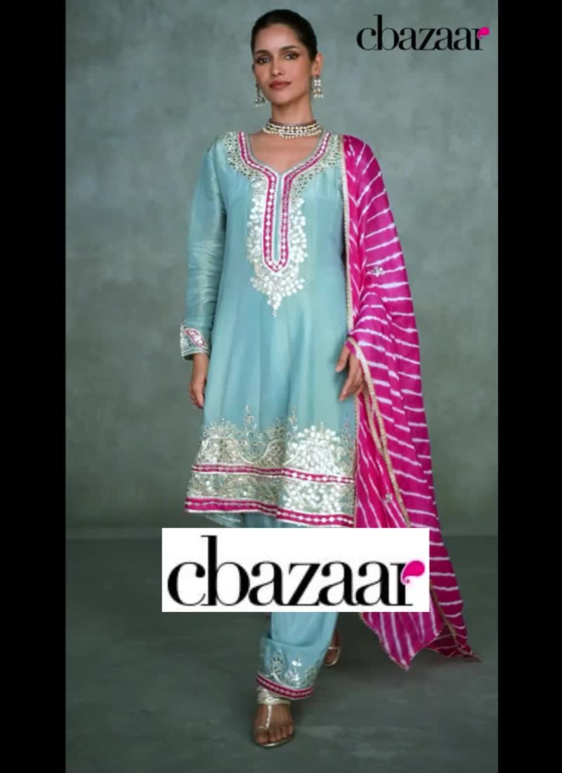 Organza Embroidered Mirror Work Anarkali Suit Party Wear