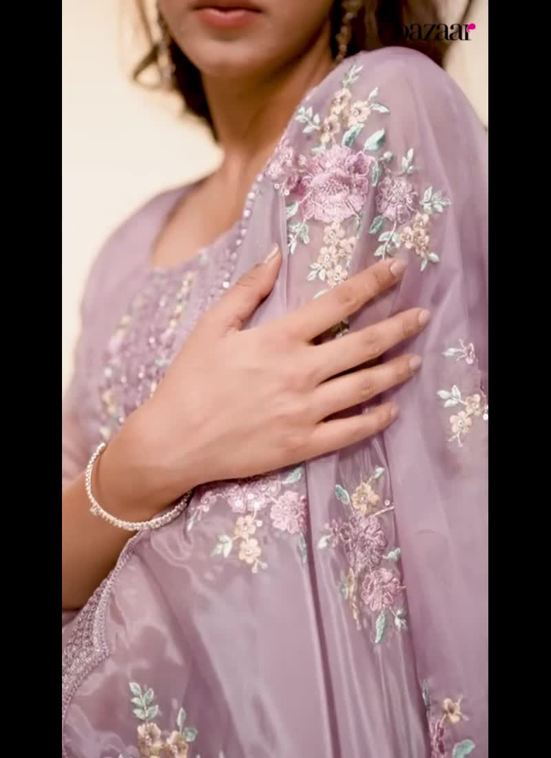 Organza Embroidered Sequins Dusty Lavender Straight Pant Suit With Dupatta Party Wear
