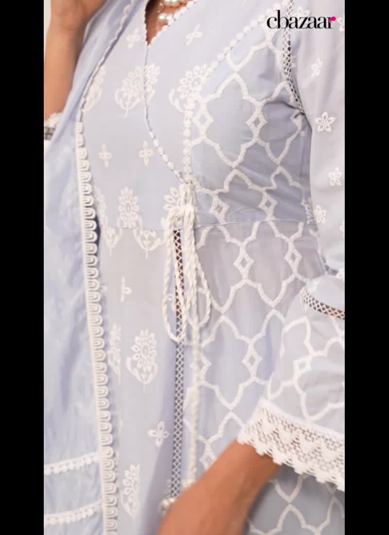 Palazzo Suit In Light Blue Cotton Embroidered Angarkha Style Classy Women Party Wear