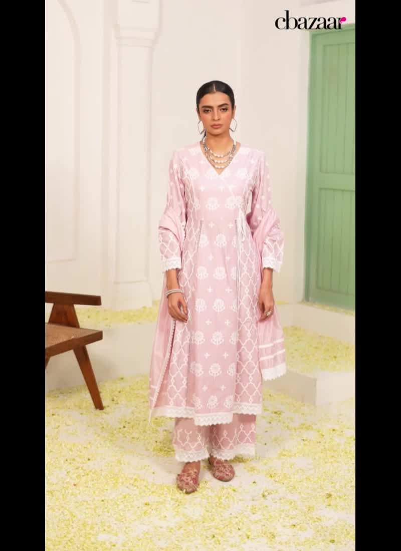 Palazzo Suit In Pink Cotton Embroidered Angarkha Style For Classy Women Party Wear