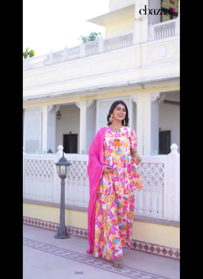 Palazzo Suit In White Cotton Floral Digital Print With Dupatta For Elegant After Six Wear