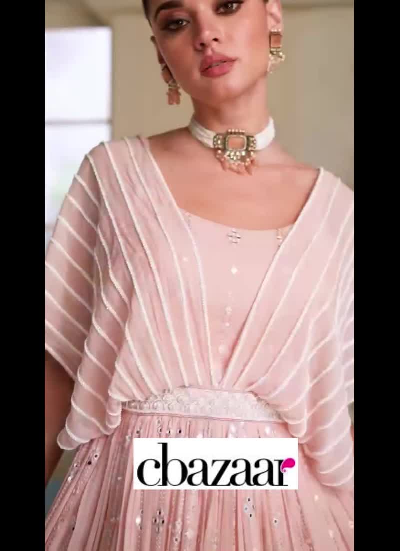 Peach Faux Georgette Embroidered and Mirror Work Dresses and Gown Wedding Wear