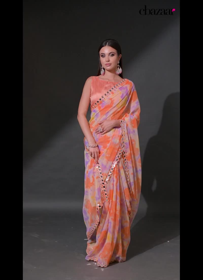 Peach Faux Georgette Printed Saree After Six Wear