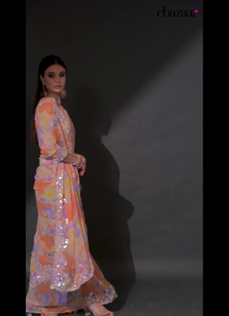Peach Faux Georgette Printed Saree With Sequins And Embroidery  After Six Wear