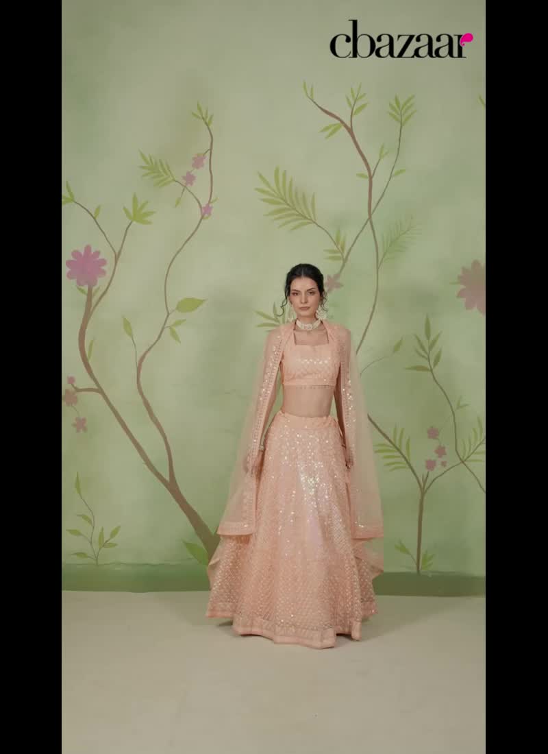 Peach Net Embroidered Sequins Lehenga Wedding Wear