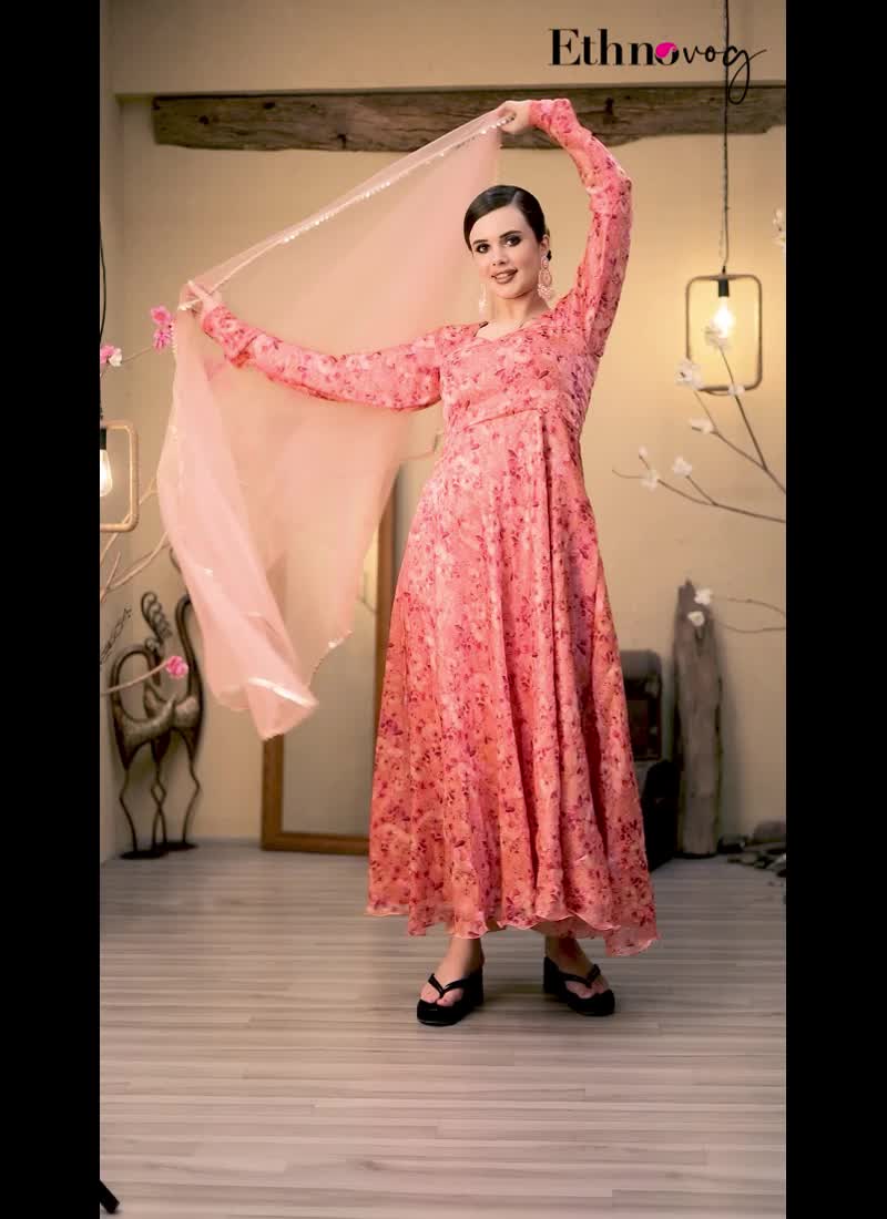 Peach Organza Satin Printed Anarkali Suit Festive Wear