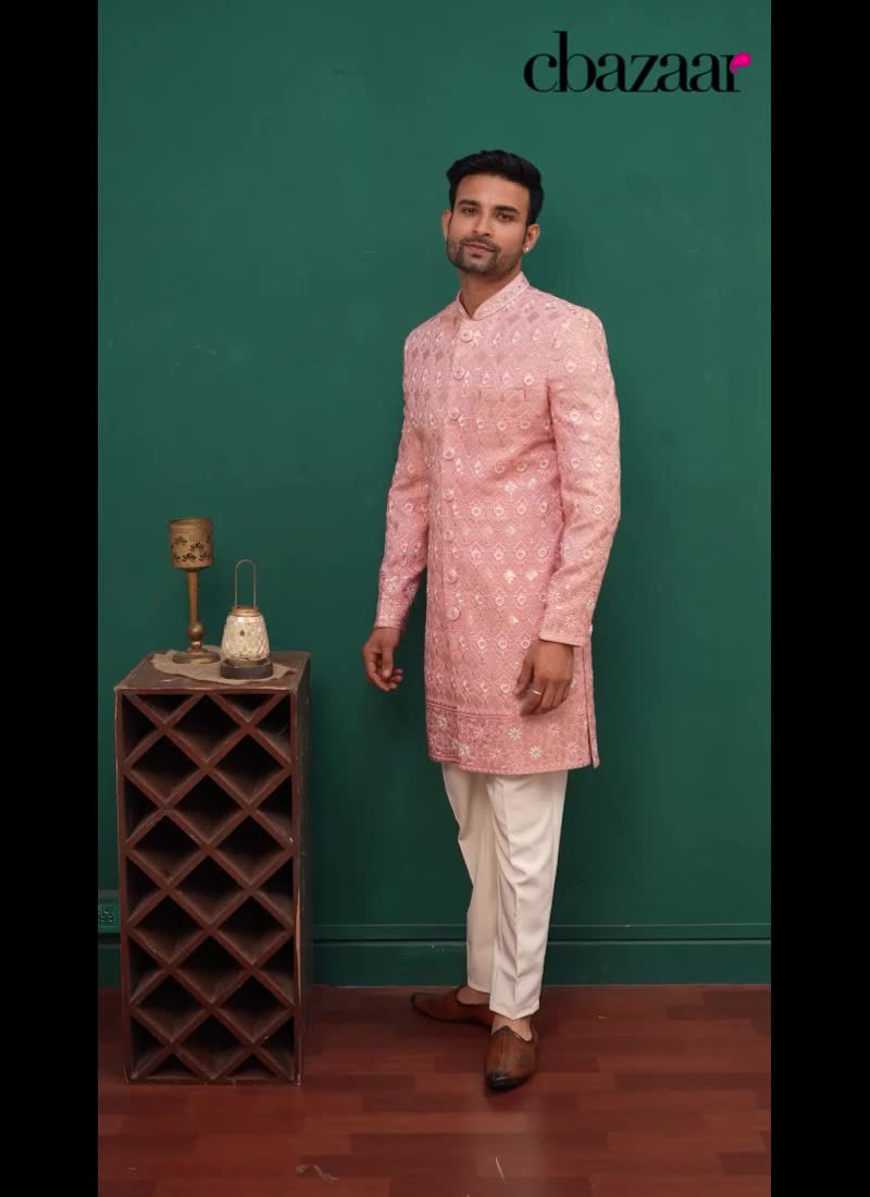 Peach Silk Hand Embroidered Sequins Indowestern Sherwani Wedding Wear