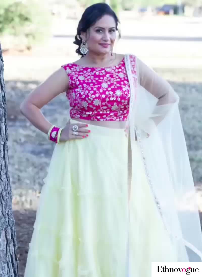 Pink Chinon Embroidered N Yellow Tiered Lehenga Festive Wear