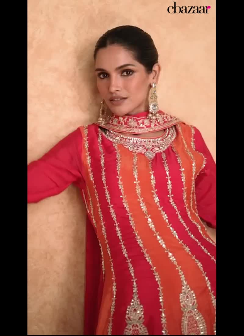 Pink Chinon Embroidered and Gota Palazzo Suit Party Wear