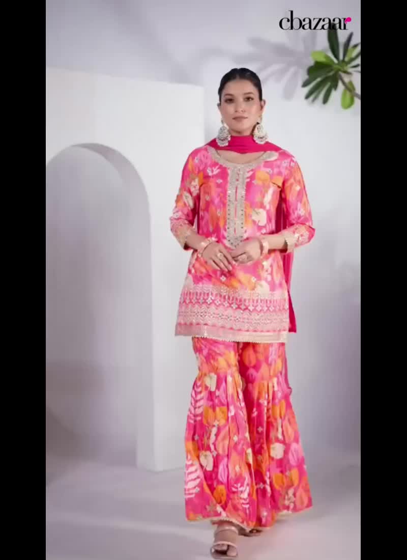 Pink Chinon Floral Print Embroidered Mirror Work Dressy Sharara Suit Party Wear