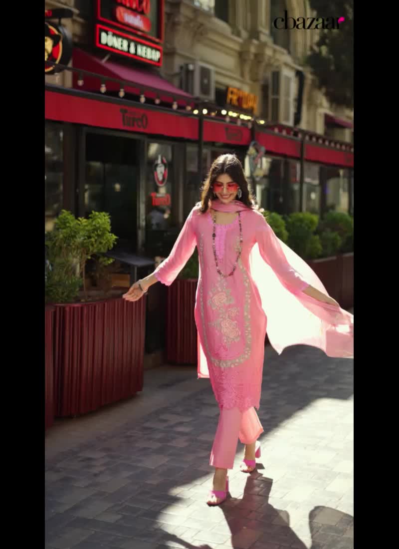 Pink Cotton Digital Print Embroidered Stunning Straight Pant Suit After Six Wear