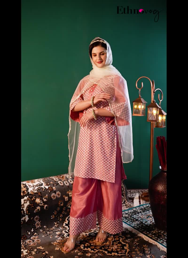 Pink Embroidered Sequins Art Silk Straight Suit Festive Wear