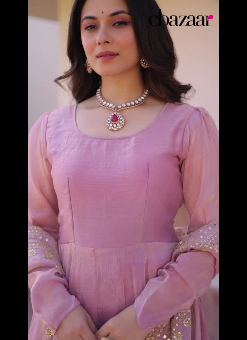 Pink Faux Chiffon Embroidered Anarkali Suit Festive Wear