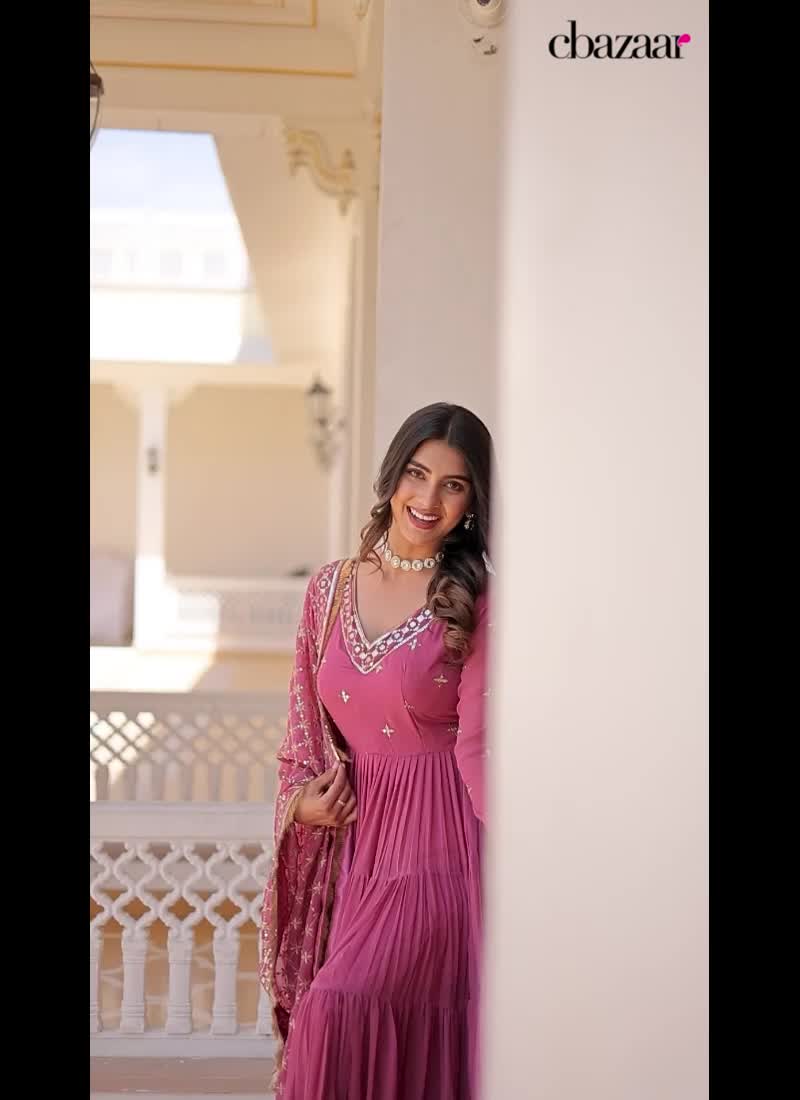 Pink Faux Georgette Embroidered Anarkali Gown For Women Party Wear