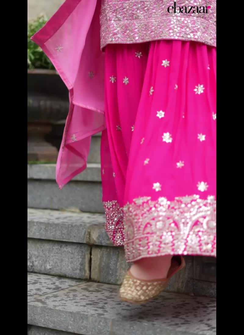 Pink Faux Georgette Sequins Palazzo Suit Party Wear