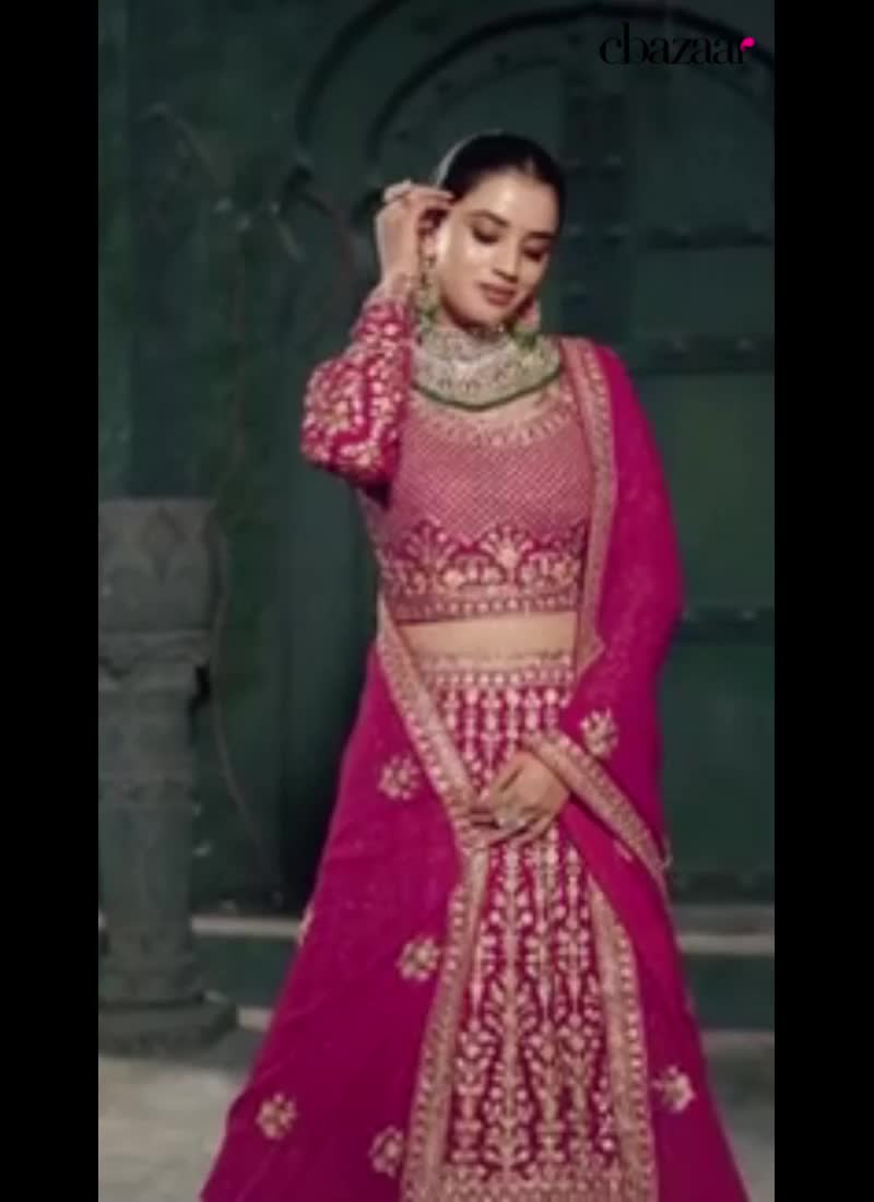 Pink Faux Georgette Zari Embroidered Stone Work Stunning Lehenga Wedding Wear