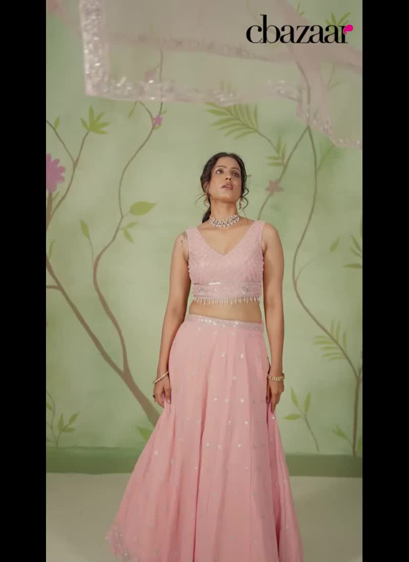 Pink Faux Georgette Zari Sequins Lehenga Wedding Wear