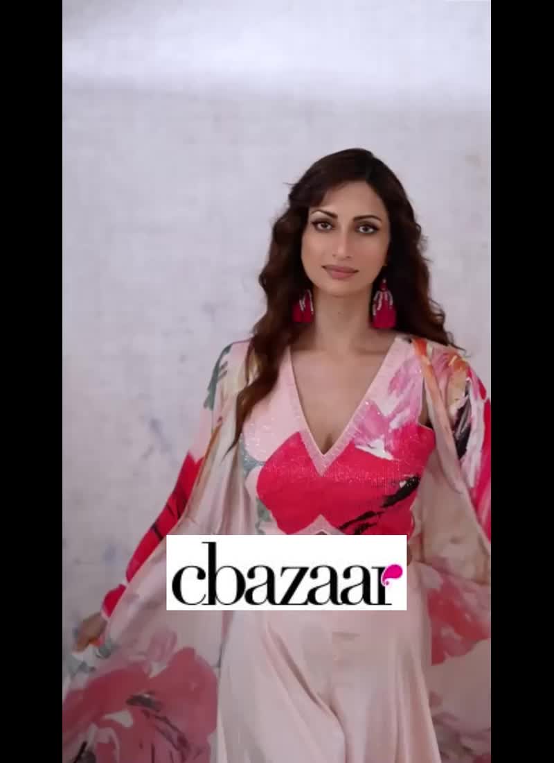 Pink Indowestern Floral Digital Print With Long Jacket And Cut Dana Work Crop Top After Six Wear