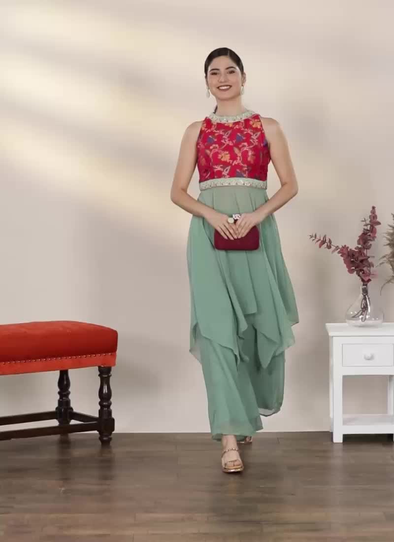 Pink N Green Floor Length Palazzo Set Festive Wear
