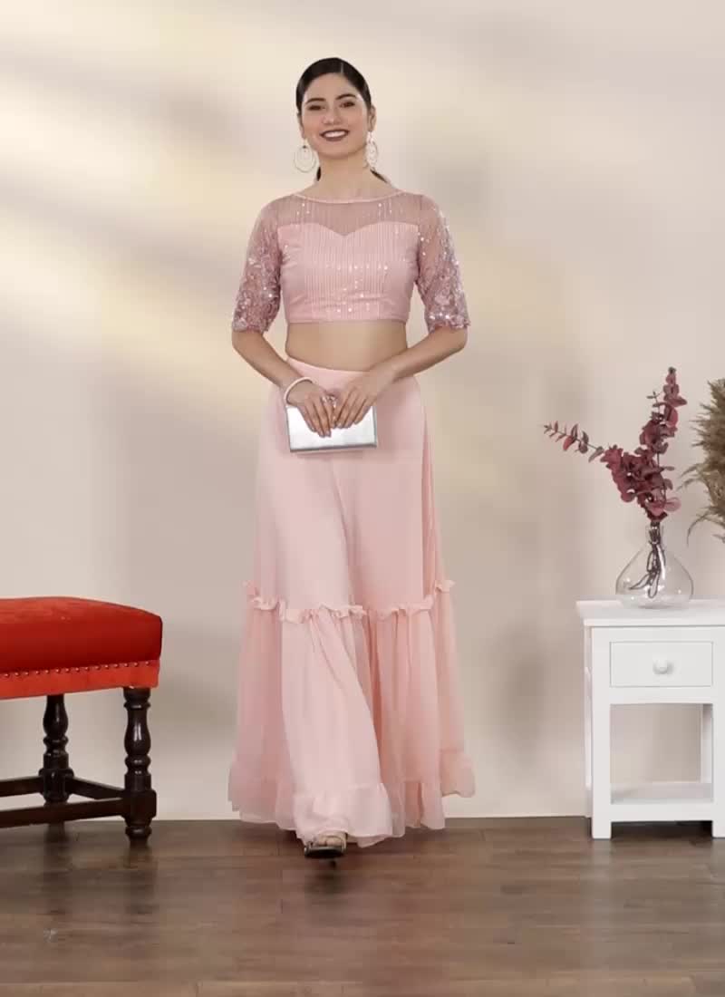 Pink N Peach Embroidered Crop Top N Skirt Festive Wear