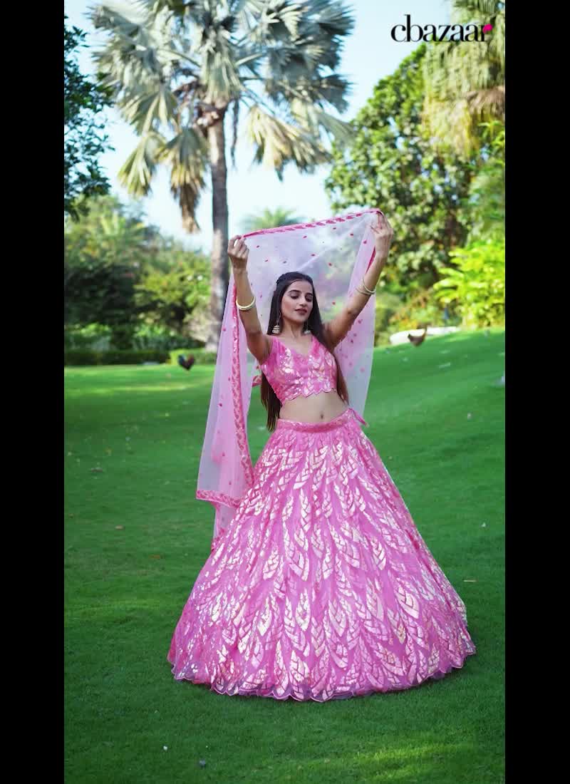 Pink Net Sequins Elegant Lehenga Choli And Dupatta For Sangeet Party Wear