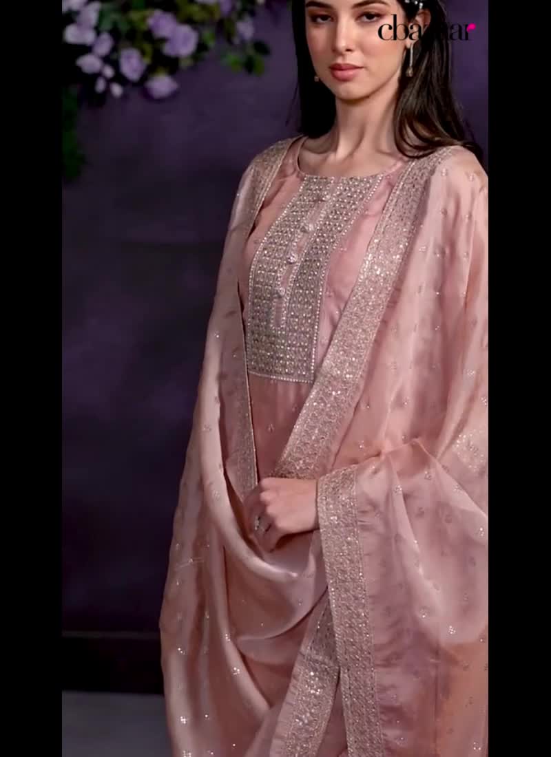 Pink Organza Straight Pant Suit With Embroidered And Sequins For Women Festive Wear