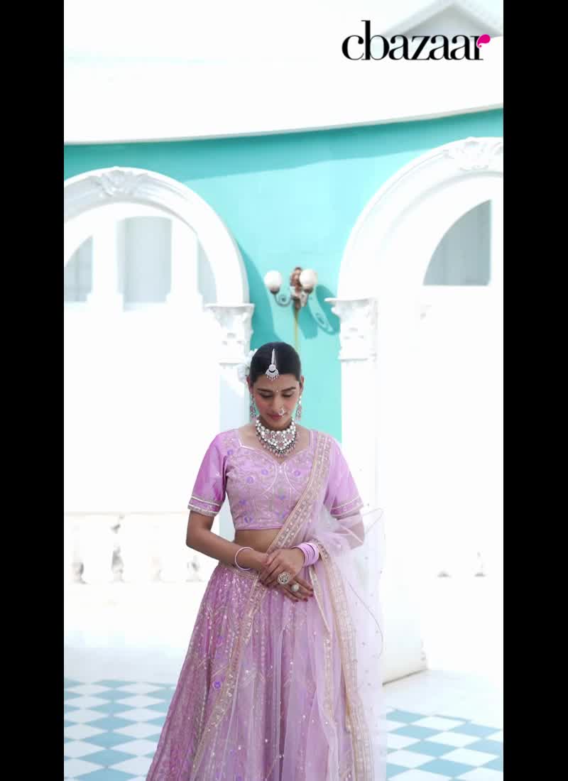 Pink Silk Zari Embroidered Stone Work Sequins Lehenga Wedding Wear