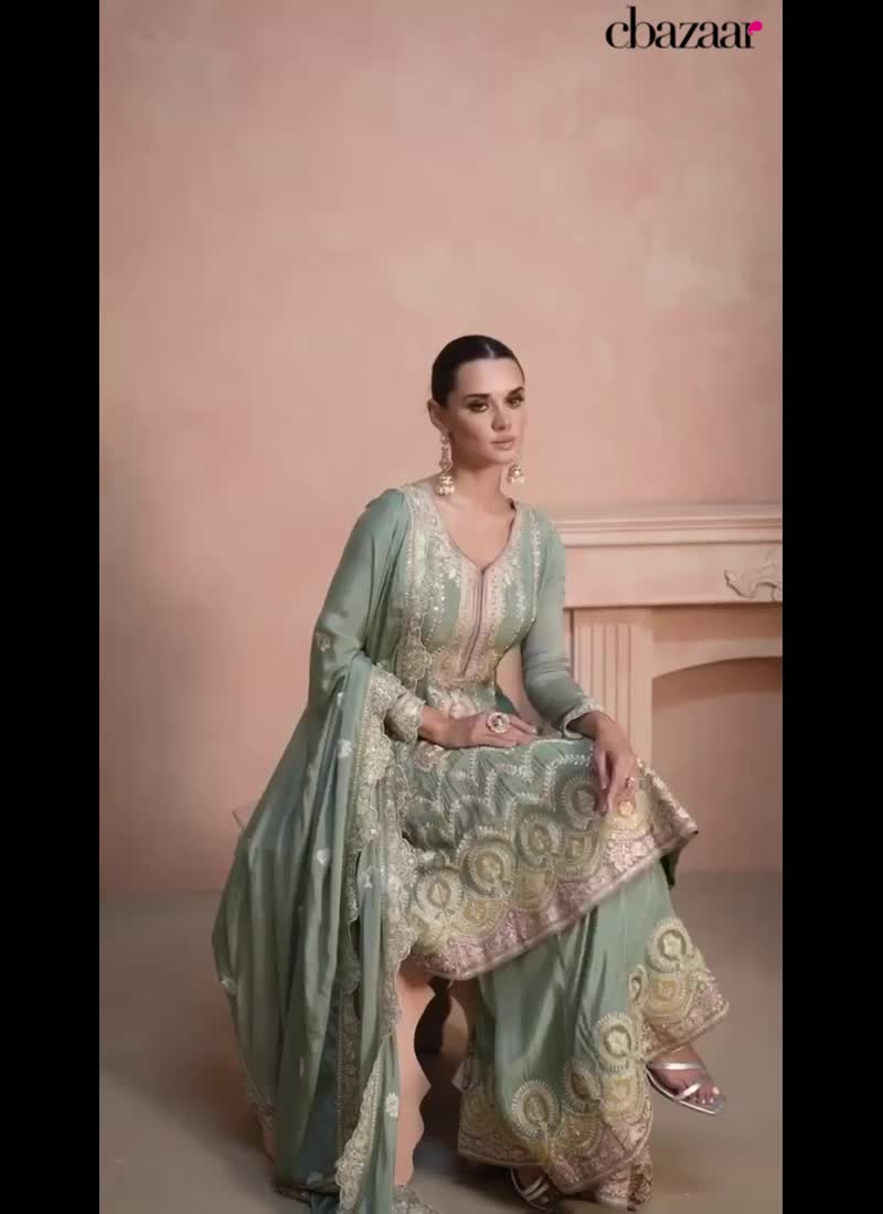Pista Green Chinon Embroidered Palazzo Suit Party Wear
