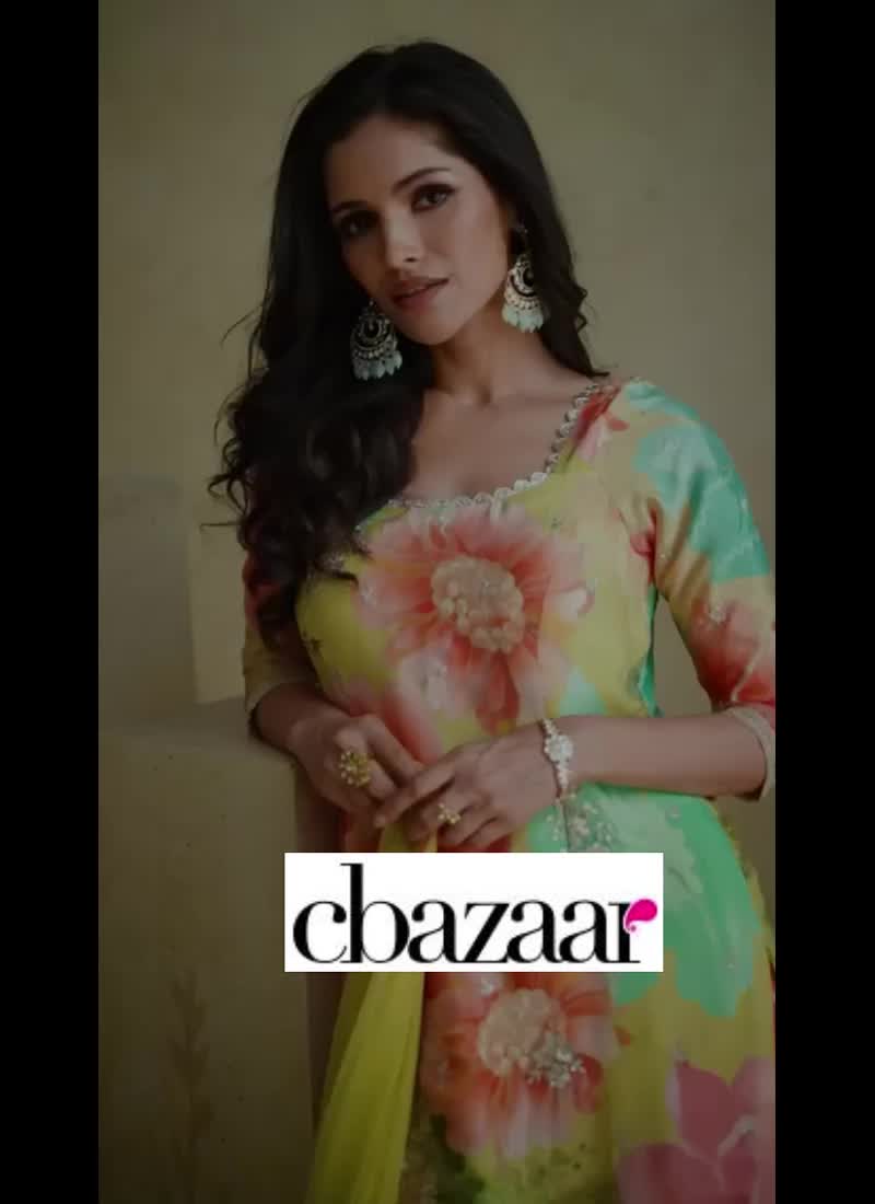Pista Green Chinon Floral Digital Print Sequins Palazzo Suit For Stylish Party Wear