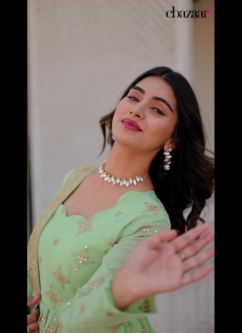 Pista Green Faux Georgette Chic Anarkali Gown With Sequins And Embroidery  Party Wear